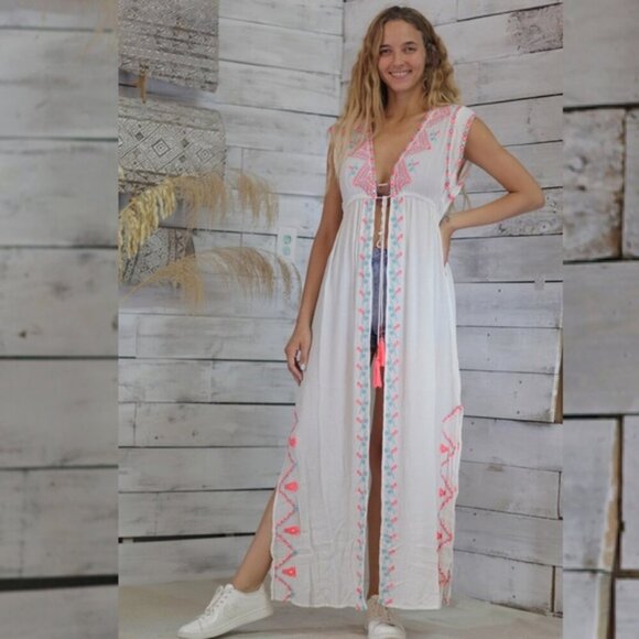 Z&L Women's Ivory Boho Duster Tassel Detail Beach Swimsuit Cover Up One Size - Picture 1 of 15